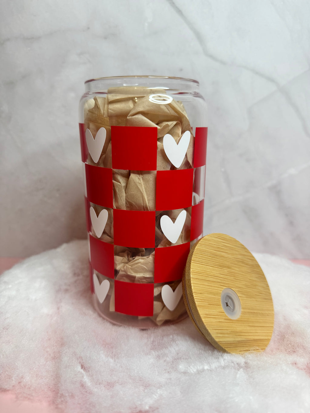 Red Checkered Pattern With White Hearts