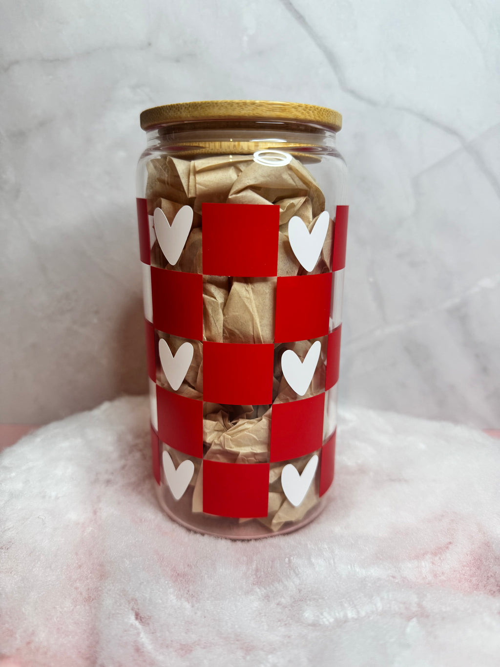 Red Checkered Pattern With White Hearts