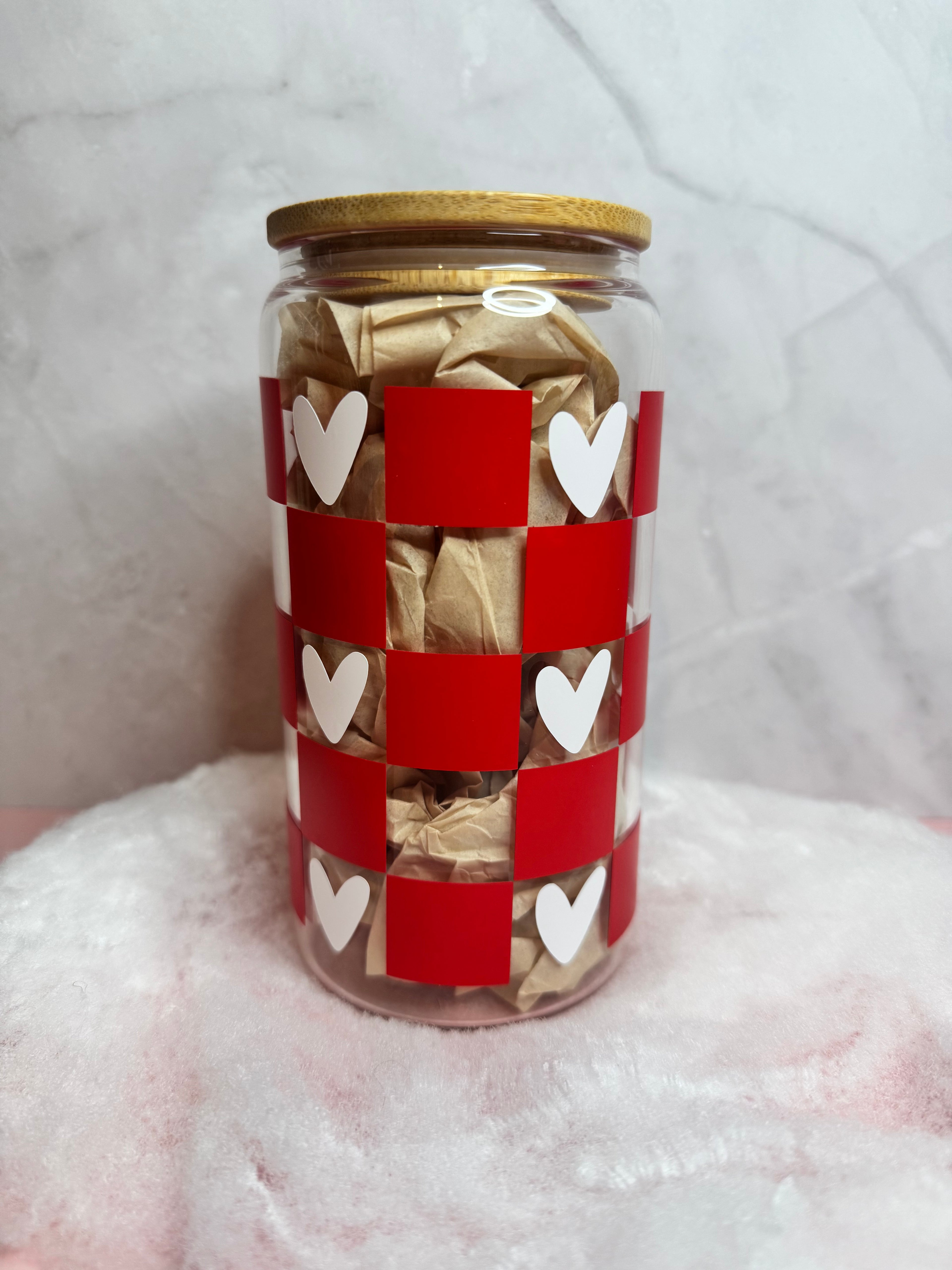 Red Checkered Pattern With White Hearts